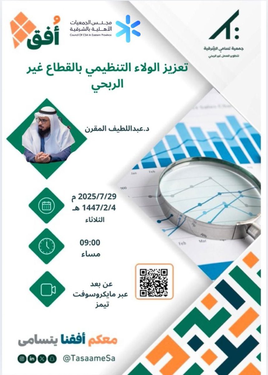 📢 تدعوكم جمعية تسامي الشرقية لتطوير العمل غير الربحي بالتعاون مع مجلس الجمعيات الأهلية بالمنطقة الشرقية لحضور لقاء في برنامج أفق 🌟
 بعنوان:
📌"تعزيز الولاء التنظيمي بالقطاع غير الربحي"
تقديم : د.عبداللطيف المقرن
🕣 الوقت: 
9:00 مساءً (لمدة ساعة)
📅 اليوم: الثلاثاء 4صفر 1447 هـ