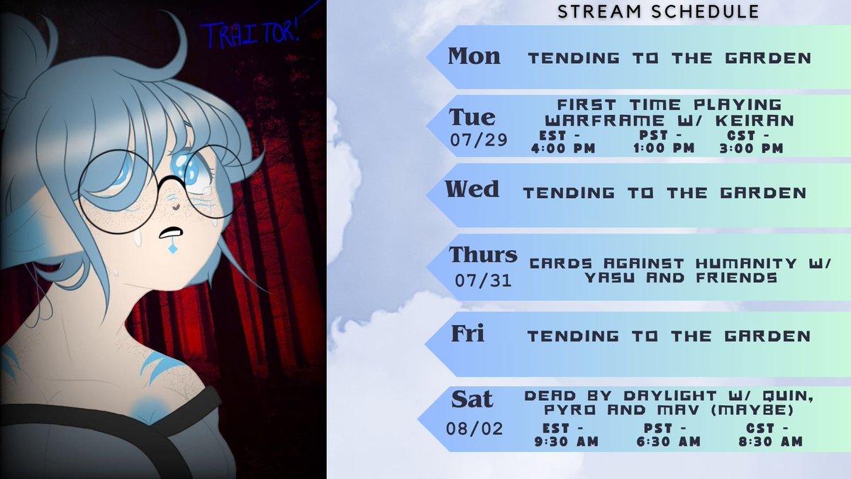 ALocalBlueberry's tweet image. My schedule&apos;s pretty balanced this week. 3 days off and 3 streaming days however you can catch me in Pyro&apos;s stream Monday night for another COD night- 

and more dbd gremlin time on the weekend &amp;gt;:3