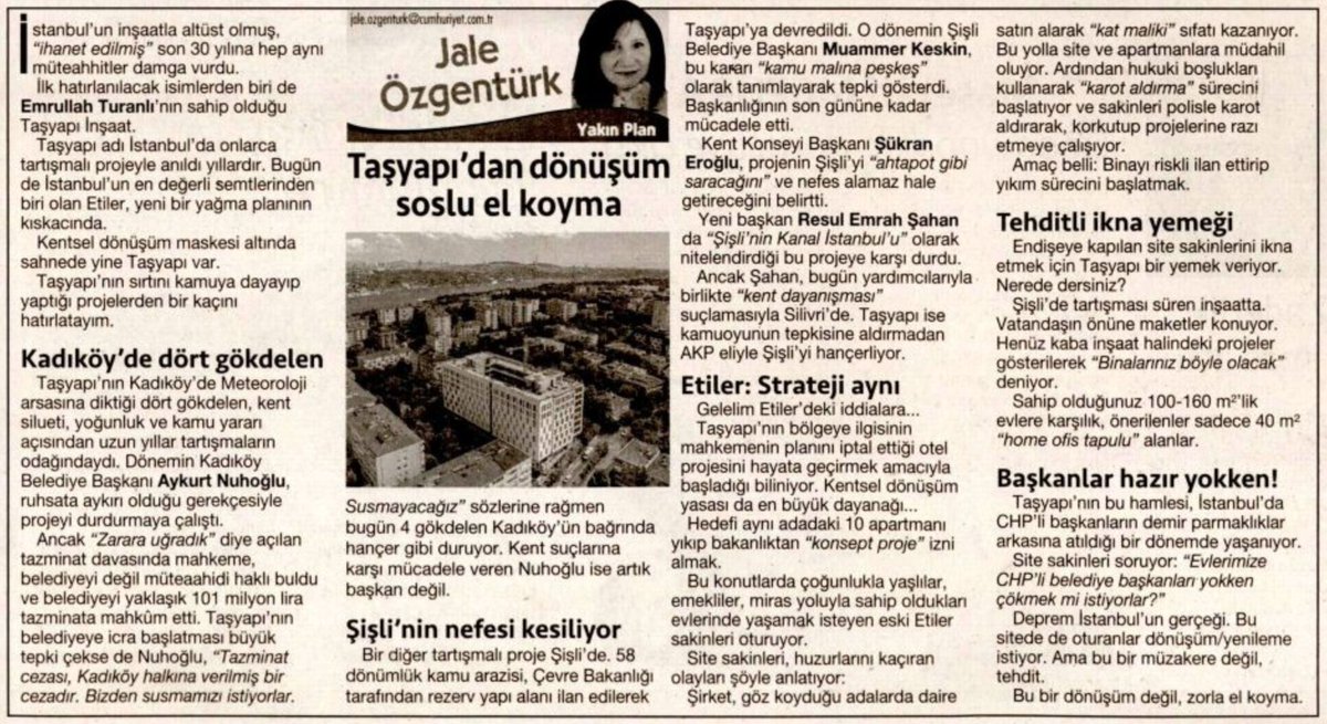 #GözdenKaçmasın Taşyapı, Şişli’nin ardından Etiler’e oldukça sinsi bir yöntemle yeni bir hançer saplamaya hazırlanıyor. Göz diktiği apartmanlarda tek tek daireler satın alıyor, akabinde “depreme uygun değil” raporları aldırarak “kentsel dönüşüm” bahanesiyle yeni kuleler dikmenin