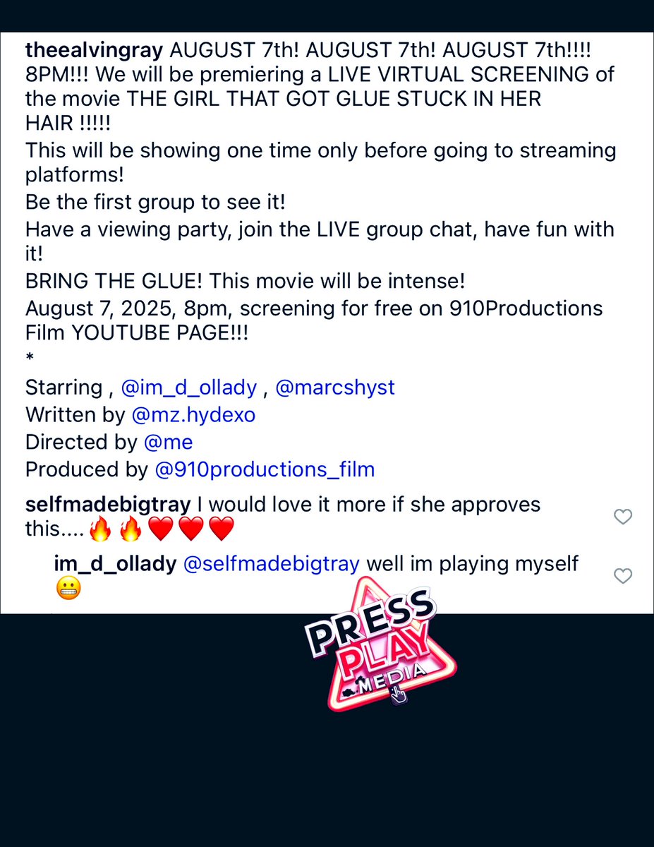 PRESSPLAYMEDIAC's tweet image. #pressplay▶️: #TessicaBrown aka #GorillaGlueGirl is set to play herself in a new movie from film producer #alvingray about her viral hair incident, entitled #TheGirlThatGotGlueStuckinHerHair.

Will you be watching?