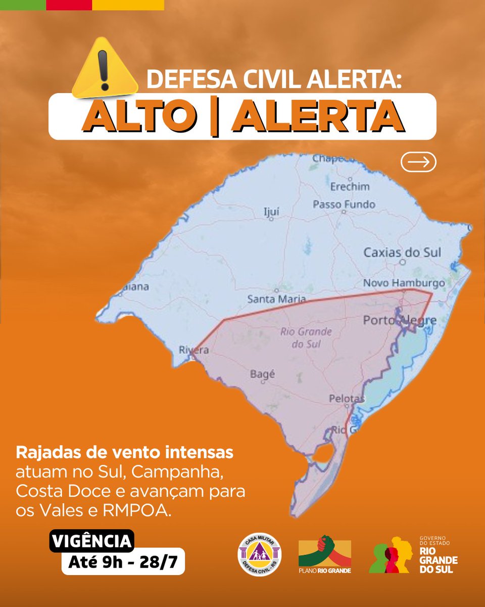 DefesaCivilRS's tweet image. Defesa Civil alerta: Condição de ALERTA para Rajadas de vento intensas atuam no Sul, Campanha, Costa Doce e avançam para os Vales e RMPOA. Válido até 9h do dia 28 de julho. Evite áreas de risco. Emergência ligue 190/193.