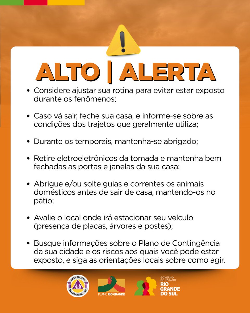 DefesaCivilRS's tweet image. Defesa Civil alerta: Condição de ALERTA para Rajadas de vento intensas atuam no Sul, Campanha, Costa Doce e avançam para os Vales e RMPOA. Válido até 9h do dia 28 de julho. Evite áreas de risco. Emergência ligue 190/193.