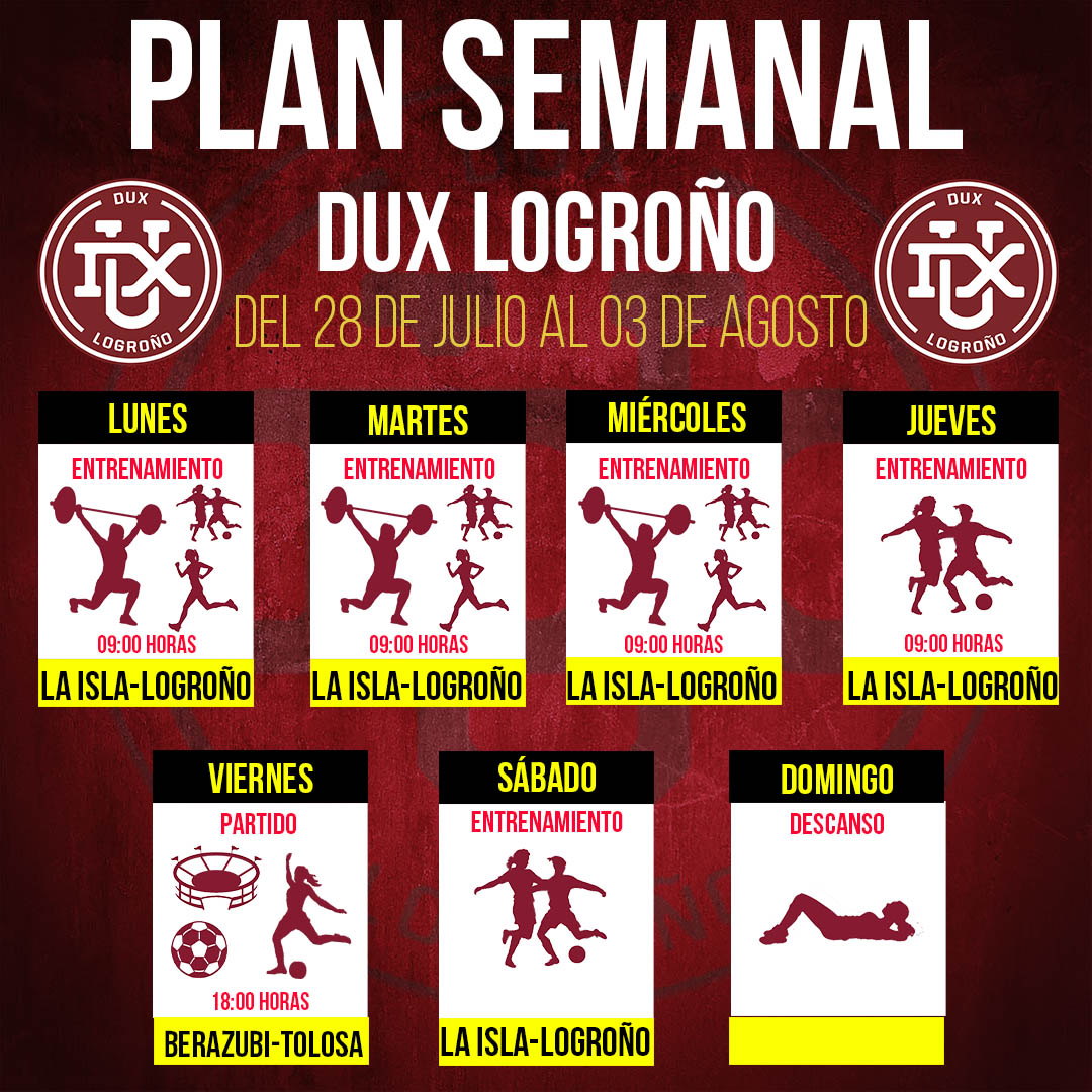 🔴 | PLAN SEMANAL | ⚒️🏋️🤼‍♀️🤸‍♀️⚽️🥅 DUX Logroño.

#GoDUX #seguimoscreciendo
