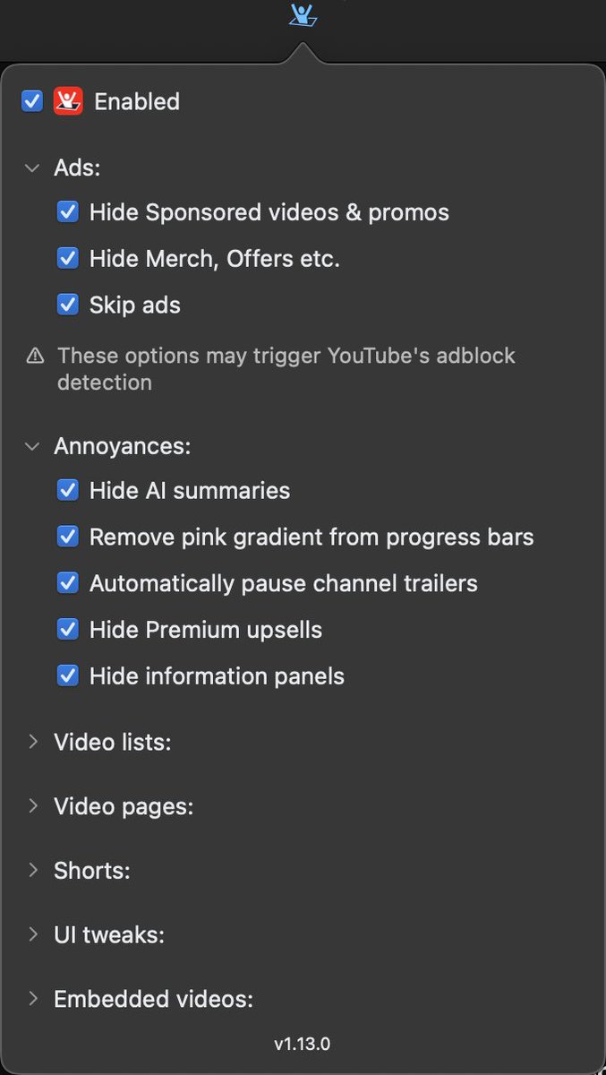 jbscript's tweet image. Control Panel for YouTube v1.13.0 makes it more obvious which options you need to disable if you trip YouTube's adblock detection, adds an option to enable background playback on mobile, and more…
Release notes: github.com/insin/control-…
