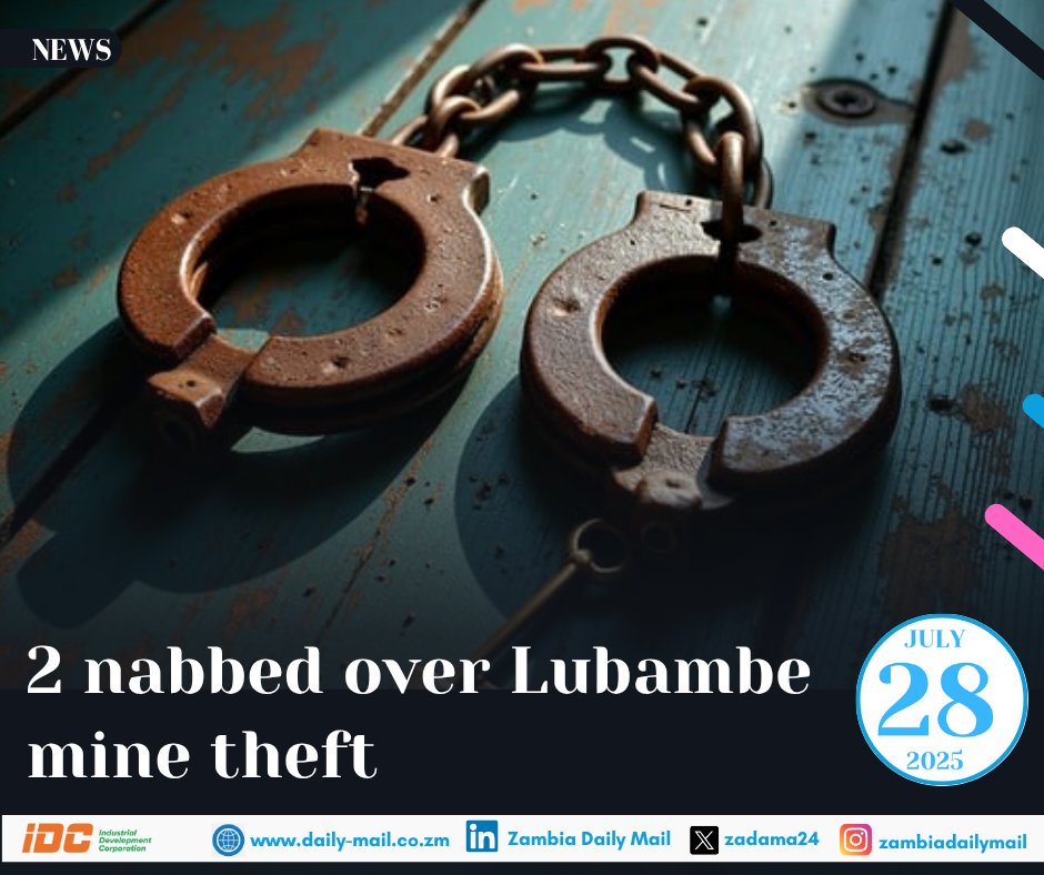 zadama24's tweet image. TWO people, one of whom is an employee of Lubambe Copper Mines (LCM), have been arrested for allegedly stealing company property valued at K230,000.

Patrick Chibondo, 49, a geo-technician and driver at the mining firm, is alleged to have stolen one pump and a grease gun valued…