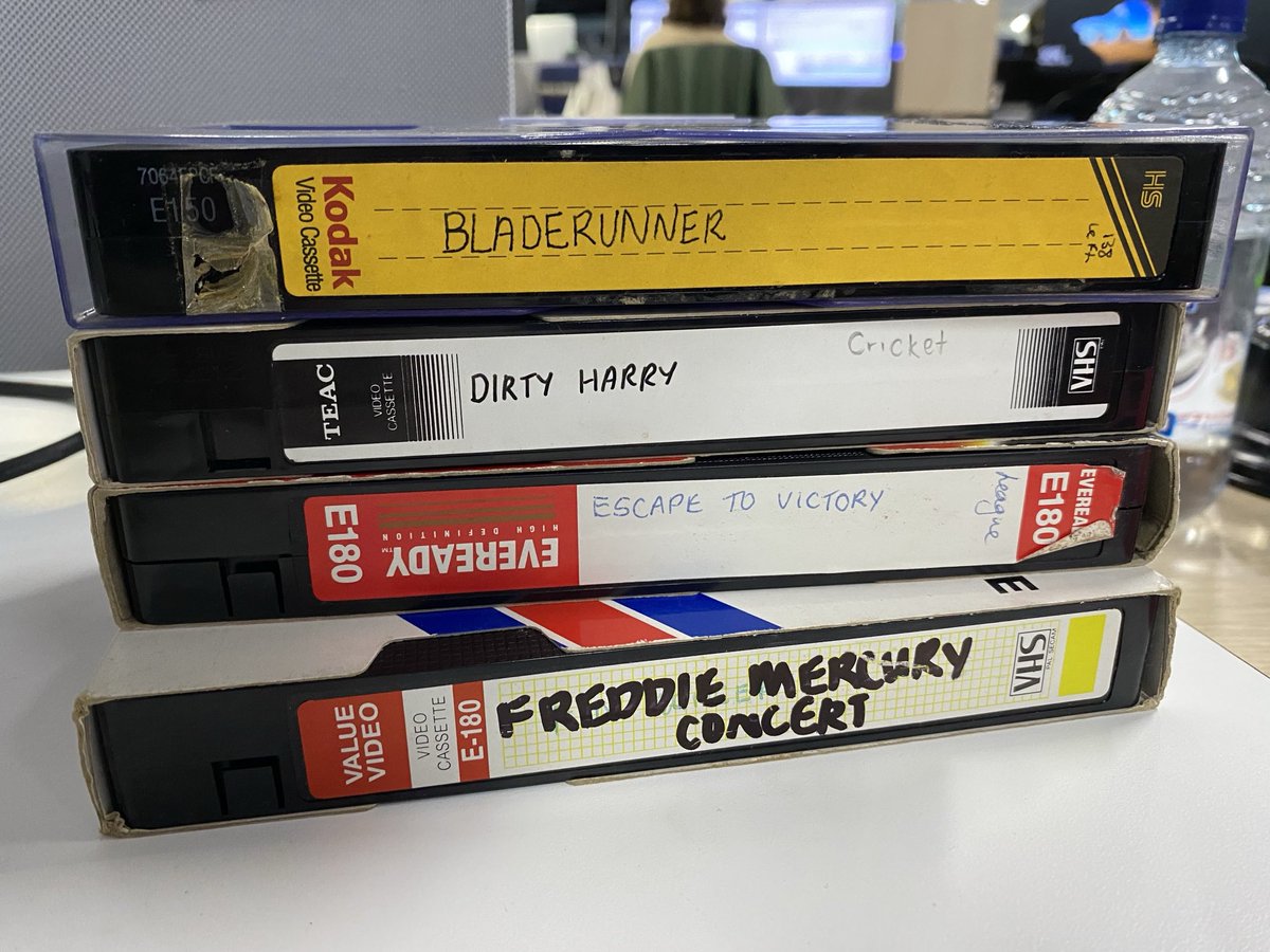 mikeburgess99's tweet photo. My young colleague ⁦@nathanlimm_⁩ quite impressed with my VHS collection (destined for bin). 

These, the pick of the bunch. (That was a great CWC SF).
Ah, blank tapes, the good ol’ days. https://t.co/LyV9JN2X0v