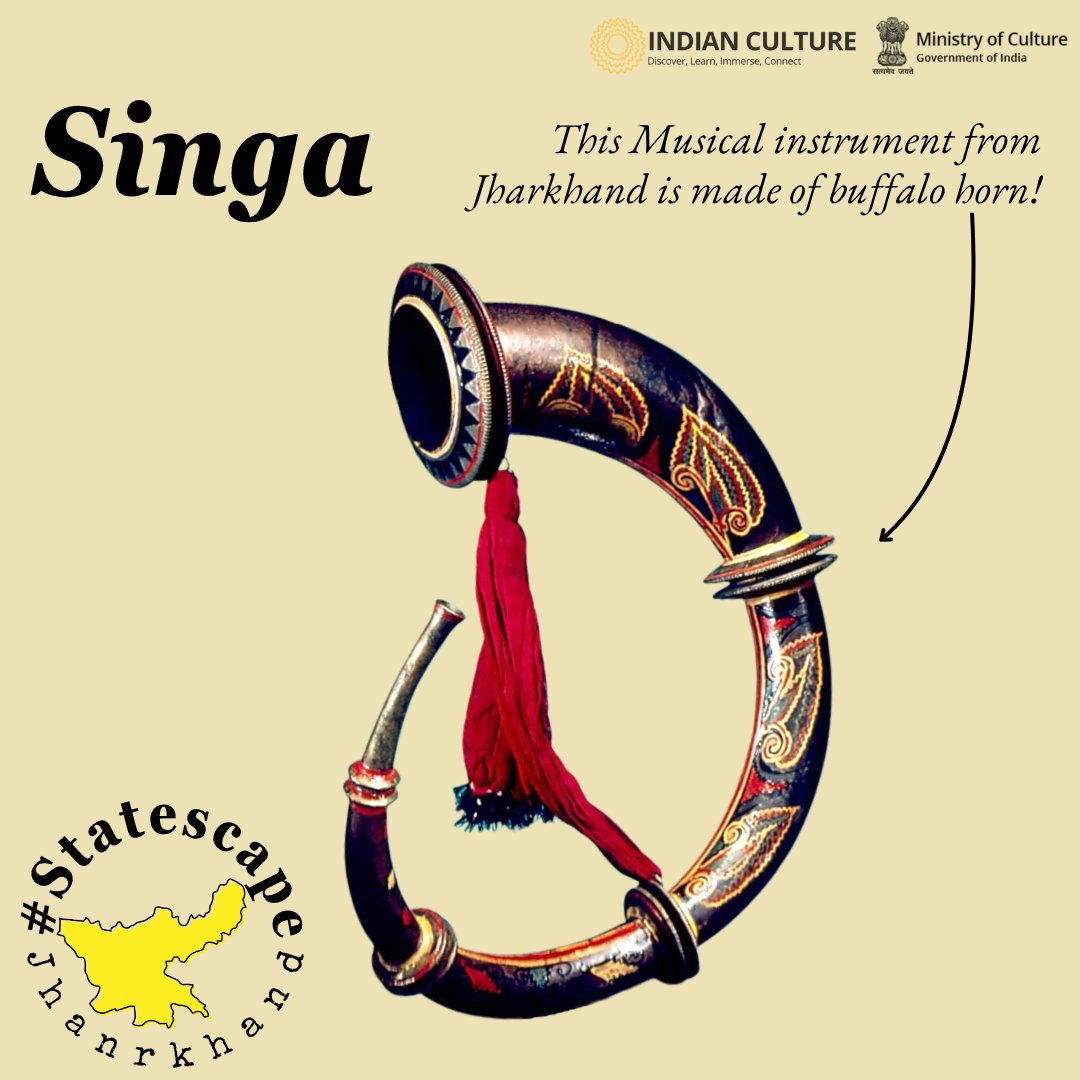 _IndianCulture's tweet photo. #StateOfCelebration: Singa, a musical instrument
Explore more on the Indian Culture Portal
This week in #StateScape we are exploring the art, culture and history of Jharkhand.
#jharkhand #musicalinstrument #singa #jharkhandhistory #jharkhandculture #jharkhandtourism https://t.co/ioHtrFfCcp