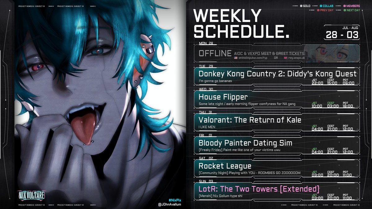 NixVoltare's tweet image. 【WEEKLY SCHEDULE】
🗓️ Jul 28 - Aug 03
Community night RETURNS! 🦾
Make sure to download and get used to the game before Saturday, IT'S FREEEEEE! Let's have some chaotic fun together 🏎️💨🩵
🎨 @/J0hnAvallum