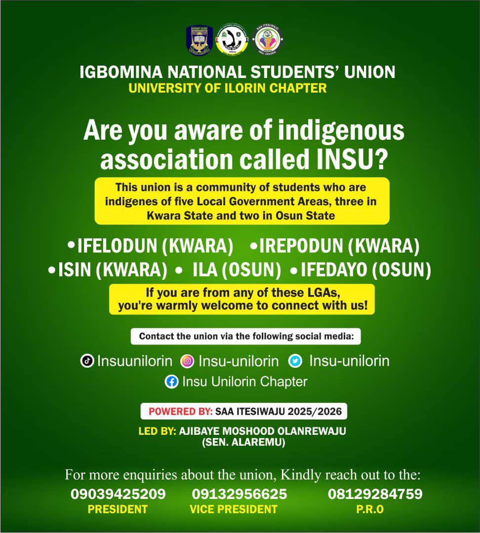 insu_unilorin's tweet image. 🎓 *Are you an indigene of Igbomina land schooling at UNILORIN?* 
*Then this is  your home as you are  away from home! 🏠💚*