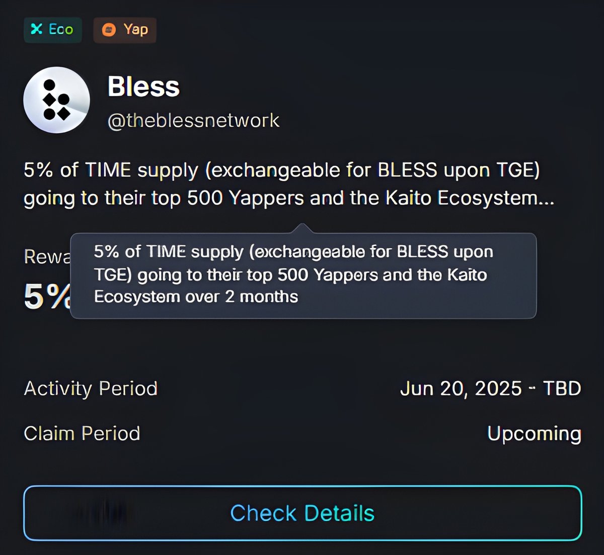 SkylineETH's tweet image. There’s a 2+ month detail on the Kaito Earn page for @theblessnetwork 

To me, this hints at a possible TGE around late August or September - otherwise why share that timeline?

Bless is building a decentralized compute network where phones, laptops, and desktops power real AI &amp;amp;…