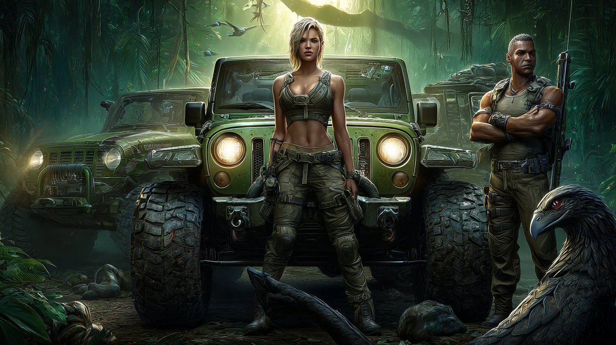 Maxime887812's tweet image. In the dense jungles of a forgotten land, two fearless mercenaries, hardened by years of survival, lead an expedition with their rugged Jeeps to uncover the secrets of an ancient temple.