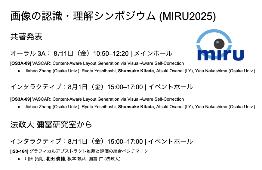 shunk031's tweet image. 📢 #MIRU2025 では共著2件発表があります！うち1件は去年に引き続きレイアウト生成ネタでオーラル発表があります💪

・LLM を用いたレイアウト生成における自己修正
去年度LINEヤフーサマーインターンでの成果🎉

・GA 推薦・生成のためのデータセット構築
.@lychee1223_Lab がトップカンファ挑戦中！