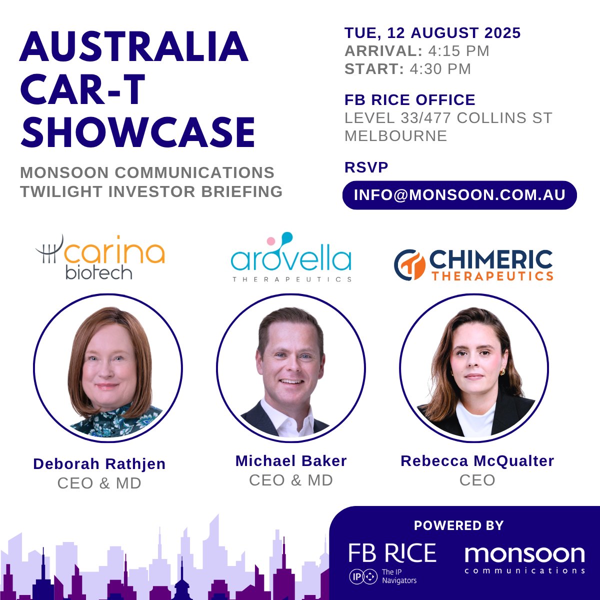 Our CEO, Dr Deborah Rathjen, joins the AU CAR-T Showcase on Tue, 12 Aug in Melbourne, hosted by <a href="/MonsoonComms/">Monsoon Communications</a> &amp; <a href="/FB_Rice/">FB Rice</a>.

🔗 Register: bit.ly/reg-cart

#CART #Biotech #ASX #CancerResearch