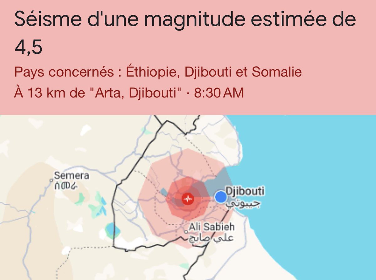 LiveDjib's tweet image. ⚠️ Séisme signalé à Djibouti
Un séisme d’une magnitude estimée à 4,5 a été enregistré à environ 30 km au sud-ouest de Tadjourah, dans la région de Tadjourah, #Djibouti.