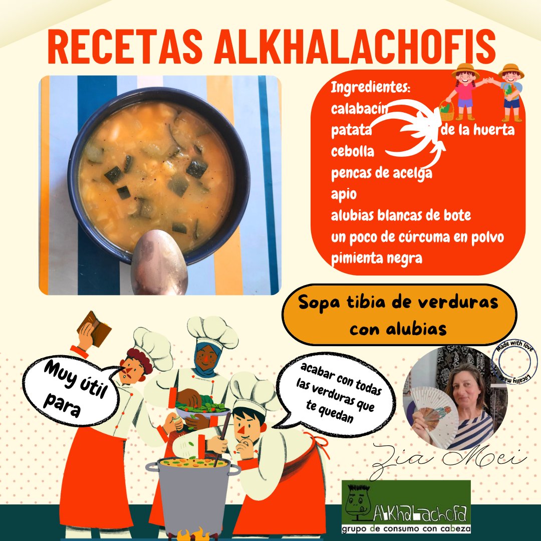 Esta semana en nuestra sección de recetas ricas y eco👨🏻‍🍳👩🏻‍🍳:
🍽 SOPA TIBIA DE VERDURAS CON ALUBIAS🫘

Ingredientes y receta📝: 
👩‍🌾👨‍🌾De la huerta: calabacín, patata🥔 y cebolla🧅 en dados y pencas de acelga córtalas en dados pequeñitos.
Lleva apio en trozos pequeñitos🔪

1/2