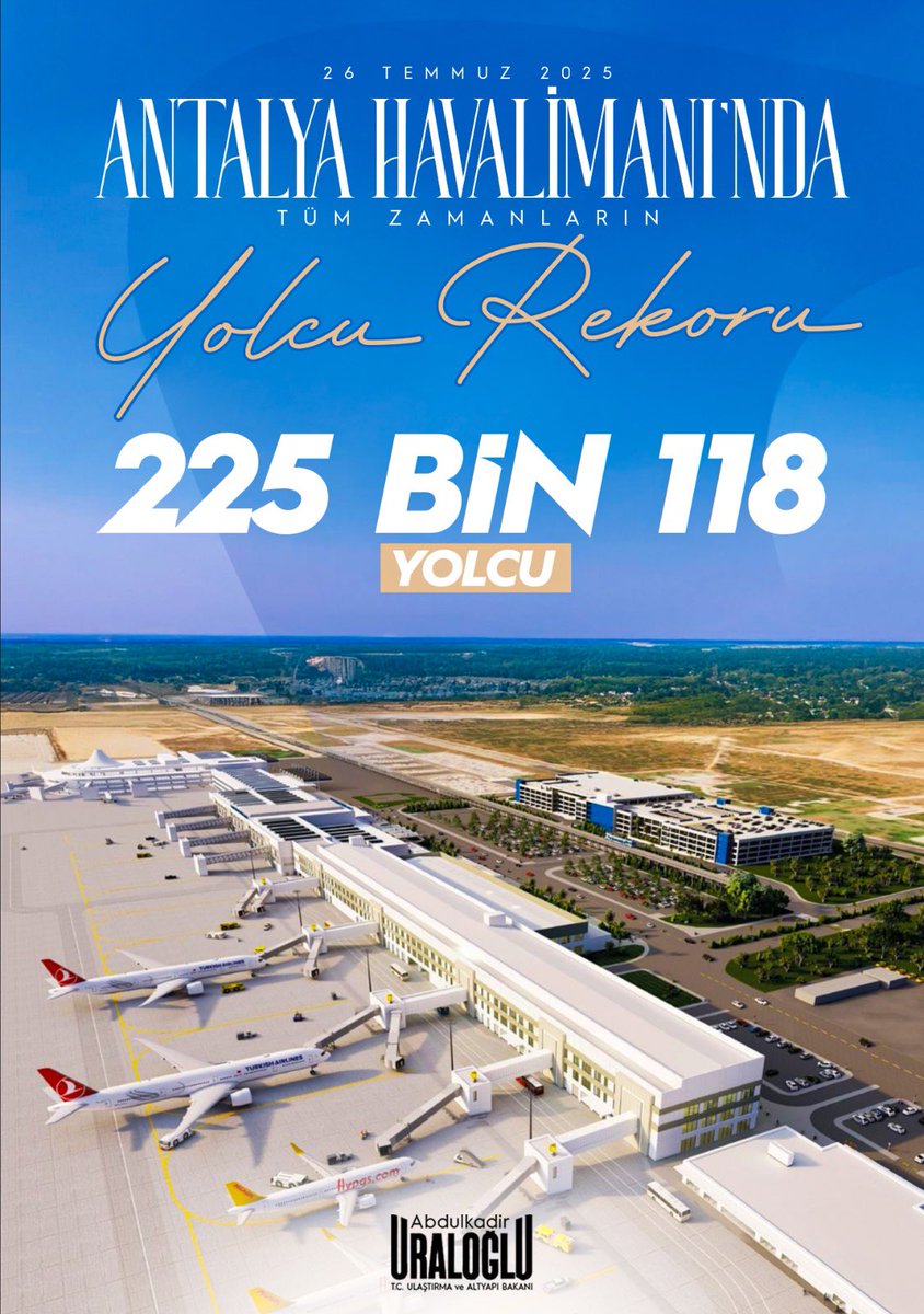 📍Antalya 

Antalya Havalimanı’nda bir rekor daha!

26 Temmuz Cumartesi günü tüm zamanların en yüksek yolcu sayısına ulaştık: 225.118 yolcu ile tarihi bir güne imza attık.

Turizmdeki ivme, altyapı yatırımlarımızın gücüyle buluşuyor; Türkiye büyüyor, Antalya yükseliyor.

Emeği