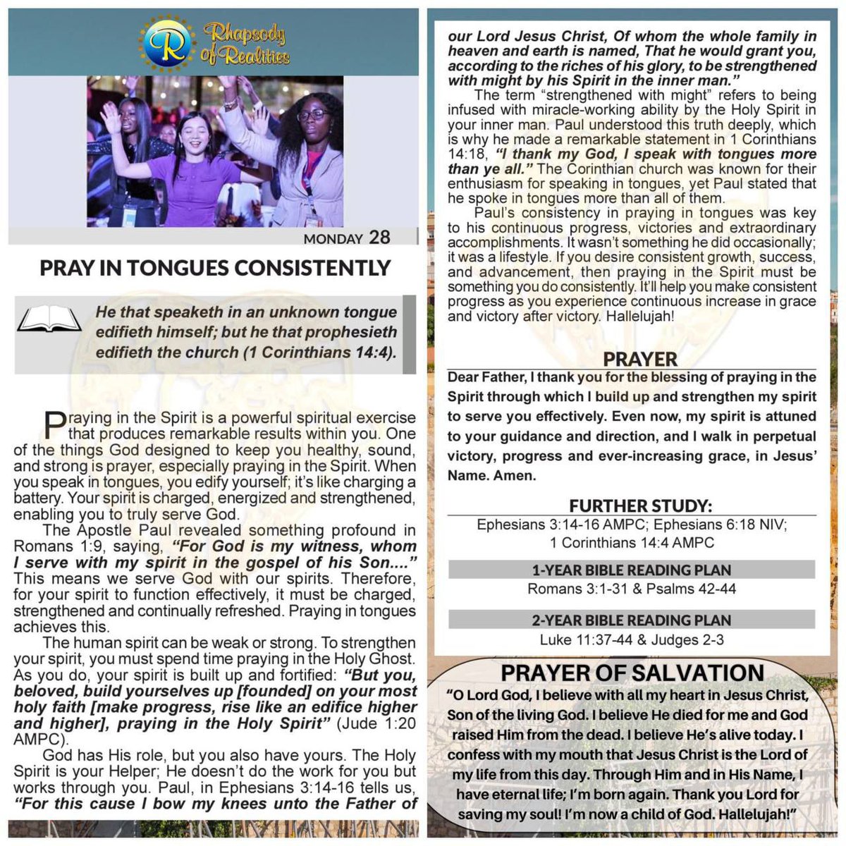 larryordu's tweet image. #Rhapsodyofrealities 
Pray in Tongues Consistently