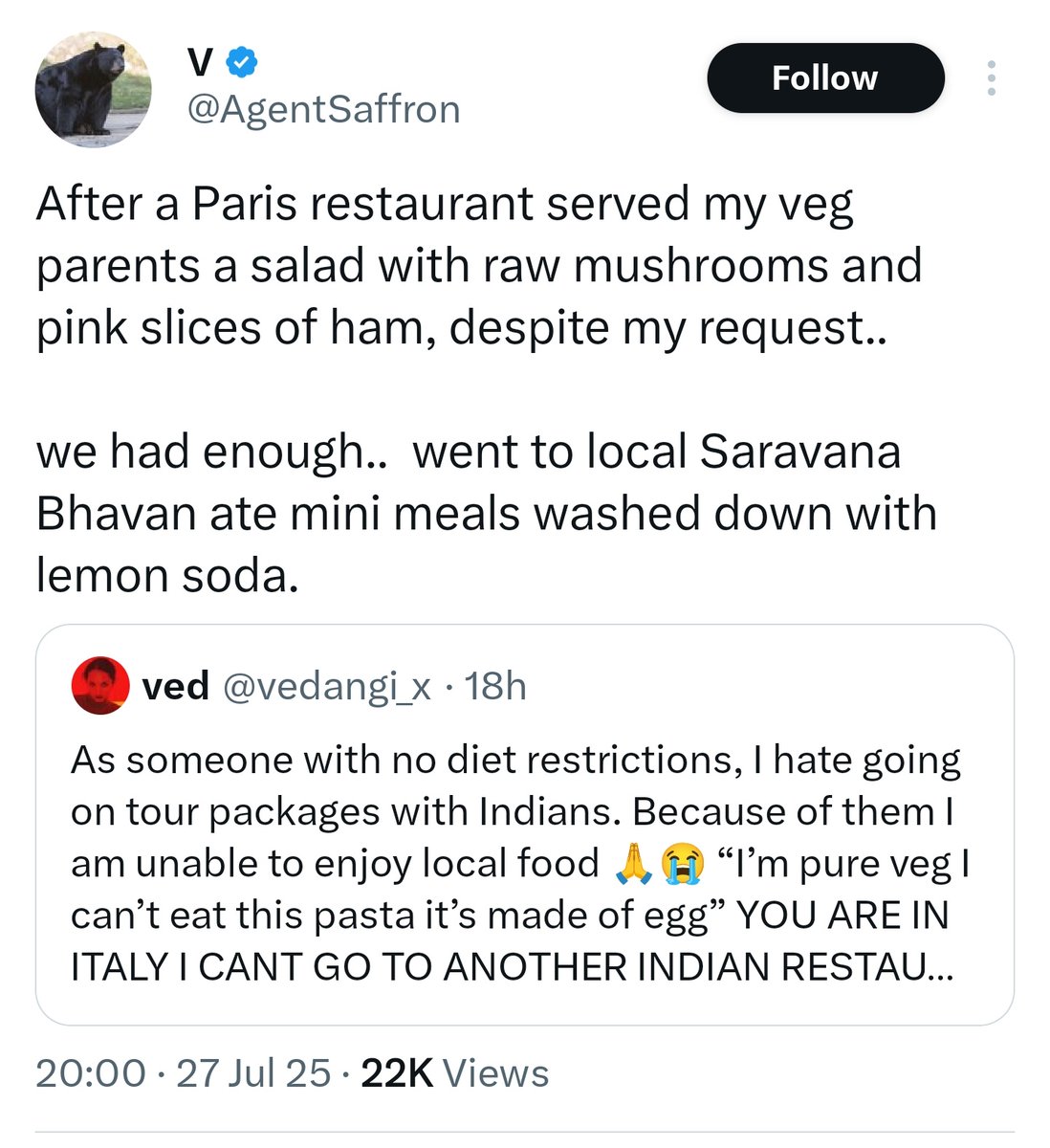 roteIndischer's tweet image. The Bhakturd is either making up a story or telling only half the story.
Asking a waiter nicely, to explain what the dish contains solves half of the problem - the other half, is to order what one wants to eat.
However, if rage baiting is the intent, then no god can help.
