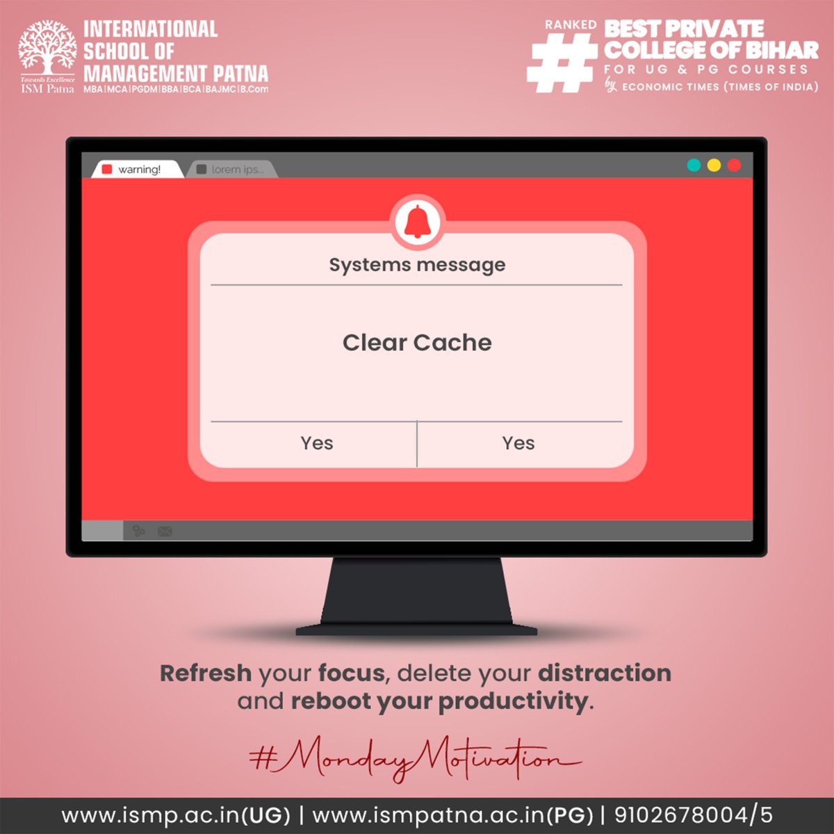 ISMPatna's tweet image. Last week’s cache cleared, #rebootmode activated! 
It’s time to clear the mental cache, reboot your energy and motivation, and step into a week full of possibilities! Let’s make this week our best yet! 

#MondayMotivation #Monday #MondayThoughts #Motivation #RebootYourMind…