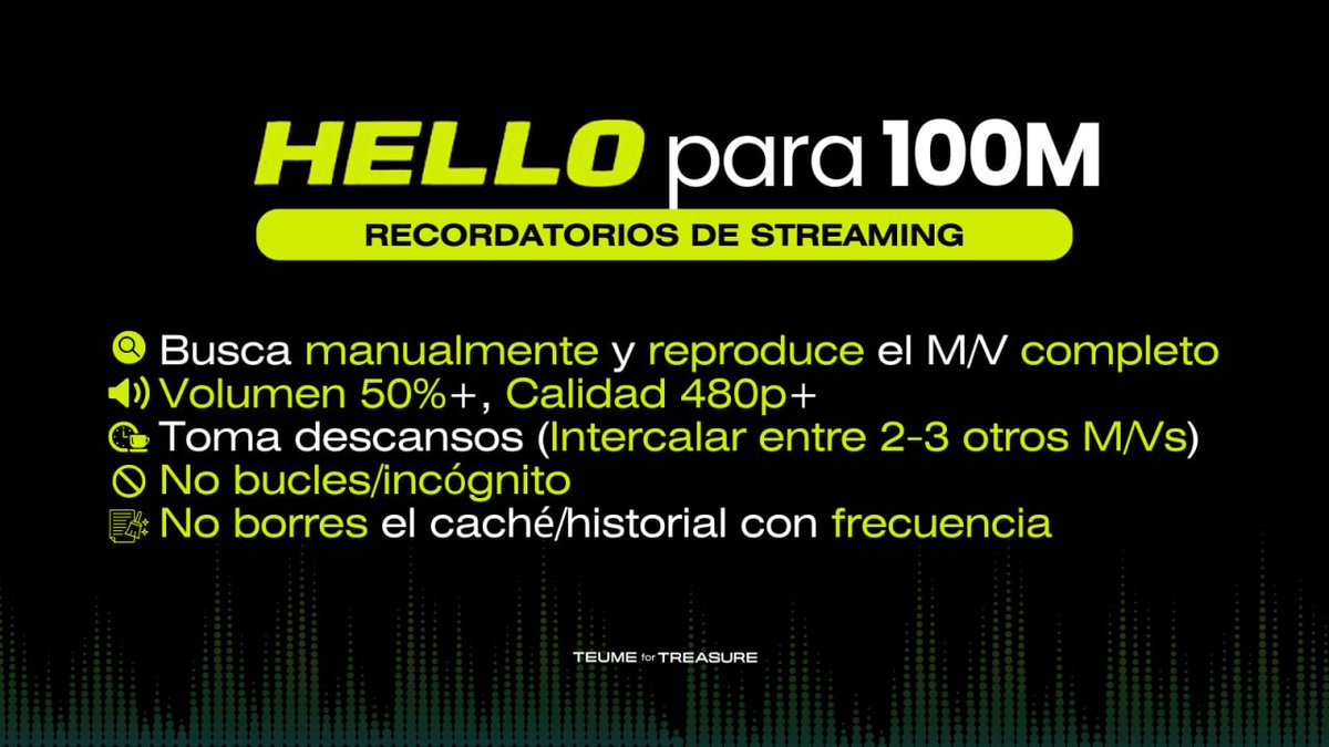 Recuerda nuestras reglas de streaming :

✅ Busca manualmente y reproduce el MV completo
✅ Volumen 50%+,Calidad 480p+
✅ Toma descanso ( Intercalar 2-3 otros MVs)
❌ No bucles/incógnito
❌ No borres el historial/cache con frecuencia

HELLO TO 100M
#TREASURE_HelloTo100M #TREASURE