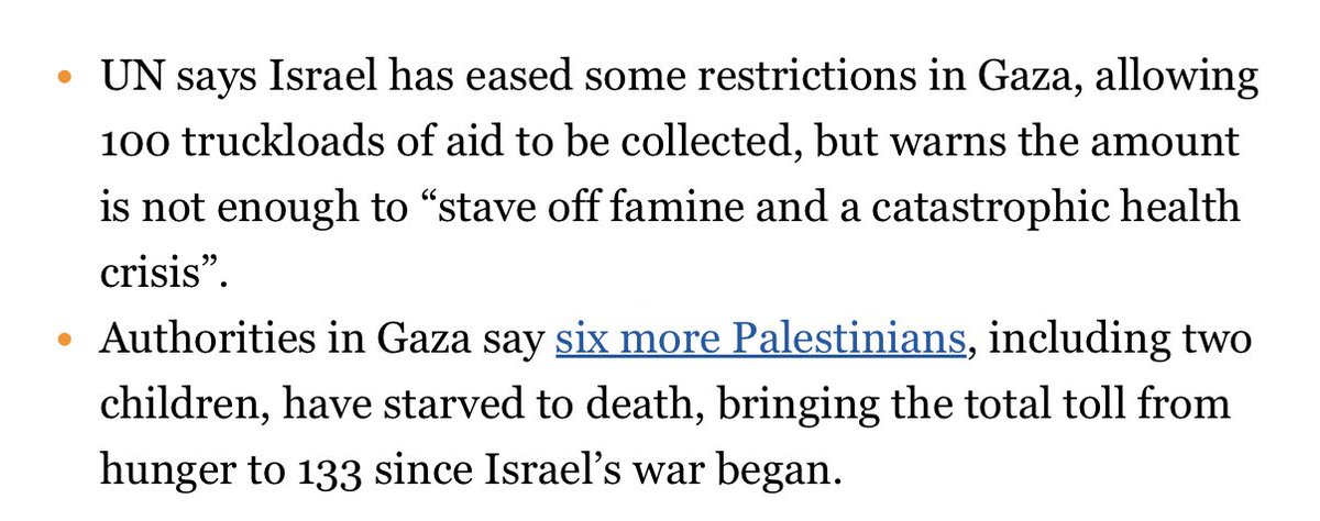 HambachEva's tweet image. Another six #Palestinians died from #starvation. Let all the #trucks in, coordinated by the #UN. #Sanction #Israel, they will not stop #killing nor #lying: aljazeera.com/news/liveblog/…