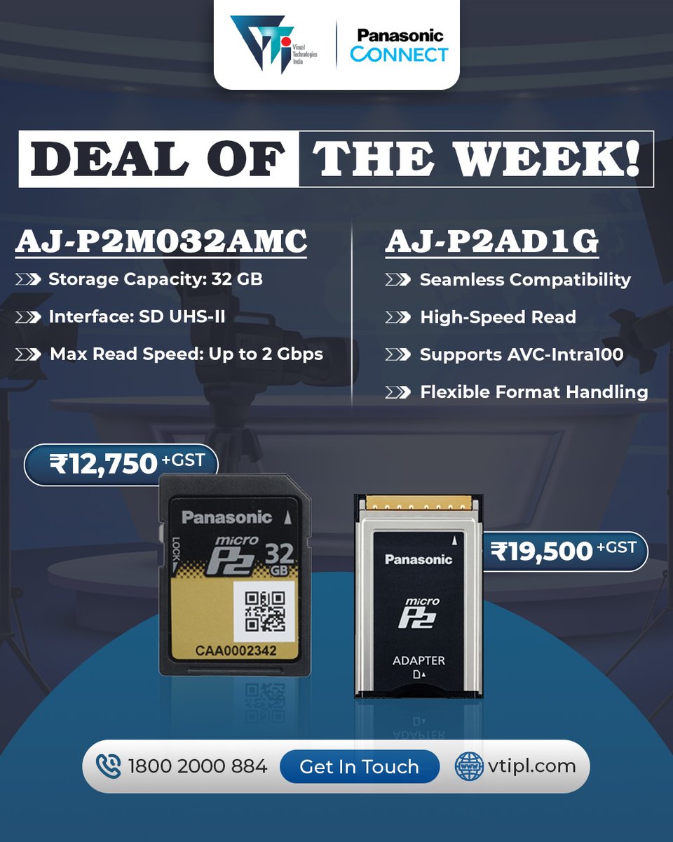 🎬 Upgrade your media game this week!

Get the blazing-fast Panasonic AJ-P2M032AMC (32GB) card and AJ-P2AD1G Adapter at exclusive prices.

#DealOfTheWeek #PanasonicMedia #BroadcastGear #AVSolutions #StorageSolution #AVBroadcast #Vtipl