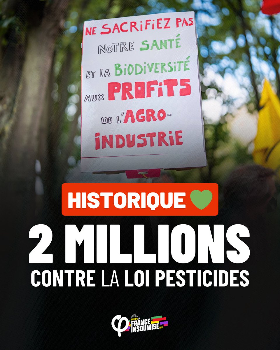La France Insoumise #NFP à l'Assemblée (@fiassemblee) on Twitter photo 🔴⚡️ Historique !
2 MILLIONS de signataires sur la pétition contre la #LoiPesticides initiée par Eleonore Pattery !
Il est inconcevable qu'un texte adopté dans des conditions indignes entre en vigueur.
Nous exigeons une deuxième délibération en vertu de l’article 10 de la 🔴⚡️ Historique !
2 MILLIONS de signataires sur la pétition contre la #LoiPesticides initiée par Eleonore Pattery !
Il est inconcevable qu'un texte adopté dans des conditions indignes entre en vigueur.
Nous exigeons une deuxième délibération en vertu de l’article 10 de la
