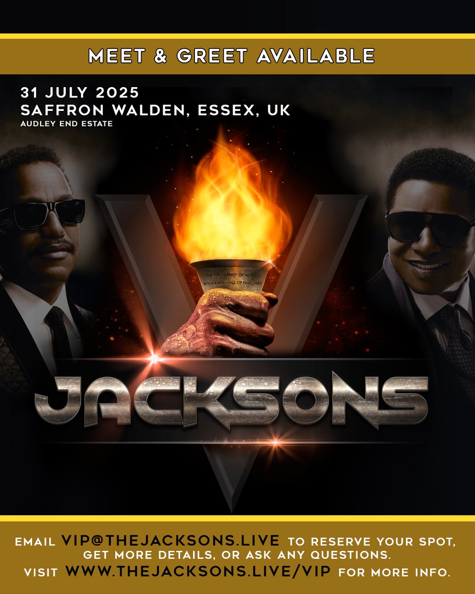 Jacksons's tweet image. 📍 𝐒𝐚𝐟𝐟𝐫𝐨𝐧 𝐖𝐚𝐥𝐝𝐞𝐧, 𝐄𝐬𝐬𝐞𝐱, – 𝐉𝐔𝐋𝐘 𝟑𝟏, 𝟐𝟎𝟐𝟓 - 𝐑𝐞𝐚𝐝𝐢𝐧𝐠, 𝐚𝐫𝐞 𝐲𝐨𝐮 𝐫𝐞𝐚𝐝𝐲? Meet @JackieJackson5 and Marlon  of The Jacksons this summer at Audley End Estate and take home tour merch! 
📝 Email: vip@thejacksons.live
🎫 axs.com/uk/events/8440…