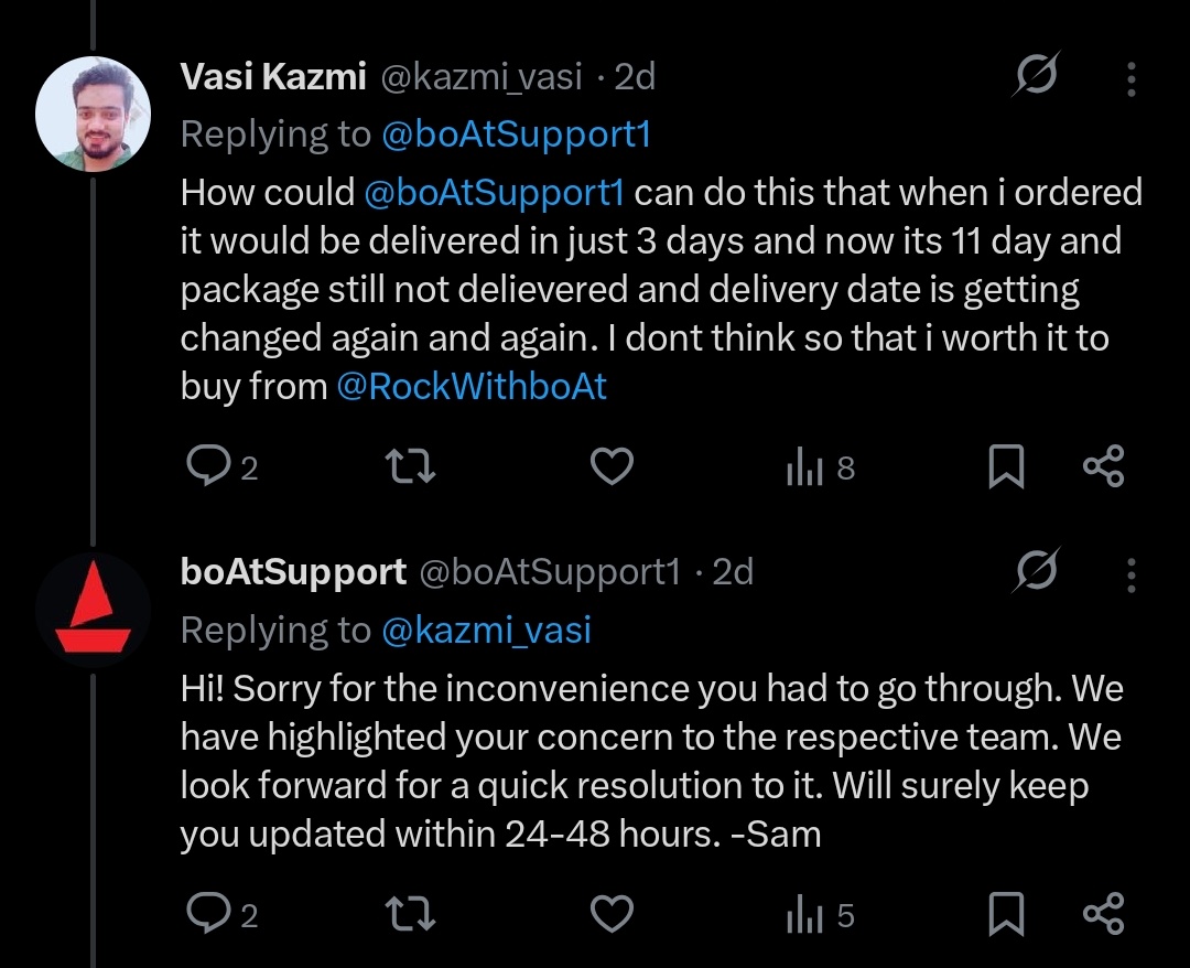 kazmi_vasi's tweet photo. @boAtSupport1 Its now over 48 hrs but still there is no responce and confirmation from @boAtSupport1 @RockWithboAt or @help_delhivery. I actually dont wonna pay you guys anything for this package and even now you can cancel the order from your hand its already 12 days delayed. I order 16 july https://t.co/ZQka68BpV8