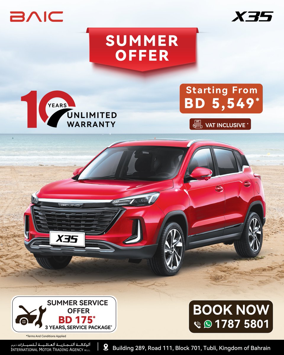GDNonline's tweet image. 🚗🔥 Hot Summer, Cool Offer! 🔥🚗
Drive into the season with the stylish BAIC X35 – now starting from just BD 5,549 (VAT inclusive)!
✅ 10 Years Unlimited Warranty
✅ Exclusive Summer Service Package – Only BD 175 for 3 years!
📍 Visit us at International Motor Trading Agency,…