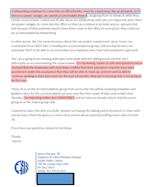 SEATTLE NEVER PLANNED TO GRANT ACCOMMODATIONS FOR THE UNVACCINATED

Despite making employees apply for religious exemptions for the COVID jab, former Mayor Jenny Durkan never planned on honoring them &amp; was always going to reject accommodations

This email from Seattle Public