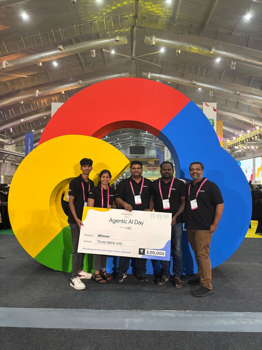 Digitide_sol's tweet image. Victory for Team Digitide!

Team Kovishine won the 48hr Google Agentic AI Hackathon with a cutting-edge farming solution using Vertex AI—personalized crop guidance, subsidy mapping &amp;amp; more!

Best use case &amp;amp; architecture!

#Digitide #AgenticAI #GoogleVertexAI #AIHackathon