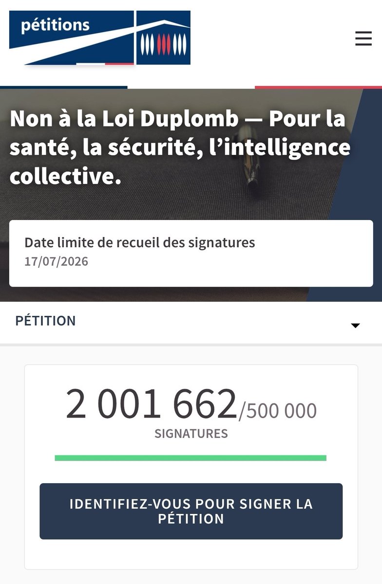 Ugo Bernalicis φ (@ugobernalicis) on Twitter photo ✊ Incroyable : 2 millions de personnes disent NON à la loi Duplomb.
C’est un acte démocratique inédit : 2 millions de citoyen·nes mobilisé·es dans le cadre du droit de pétition 📝 pour rejeter une loi dangereuse pour notre santé, notre agriculture et la science.
Ce n’est pas ✊ Incroyable : 2 millions de personnes disent NON à la loi Duplomb.
C’est un acte démocratique inédit : 2 millions de citoyen·nes mobilisé·es dans le cadre du droit de pétition 📝 pour rejeter une loi dangereuse pour notre santé, notre agriculture et la science.
Ce n’est pas