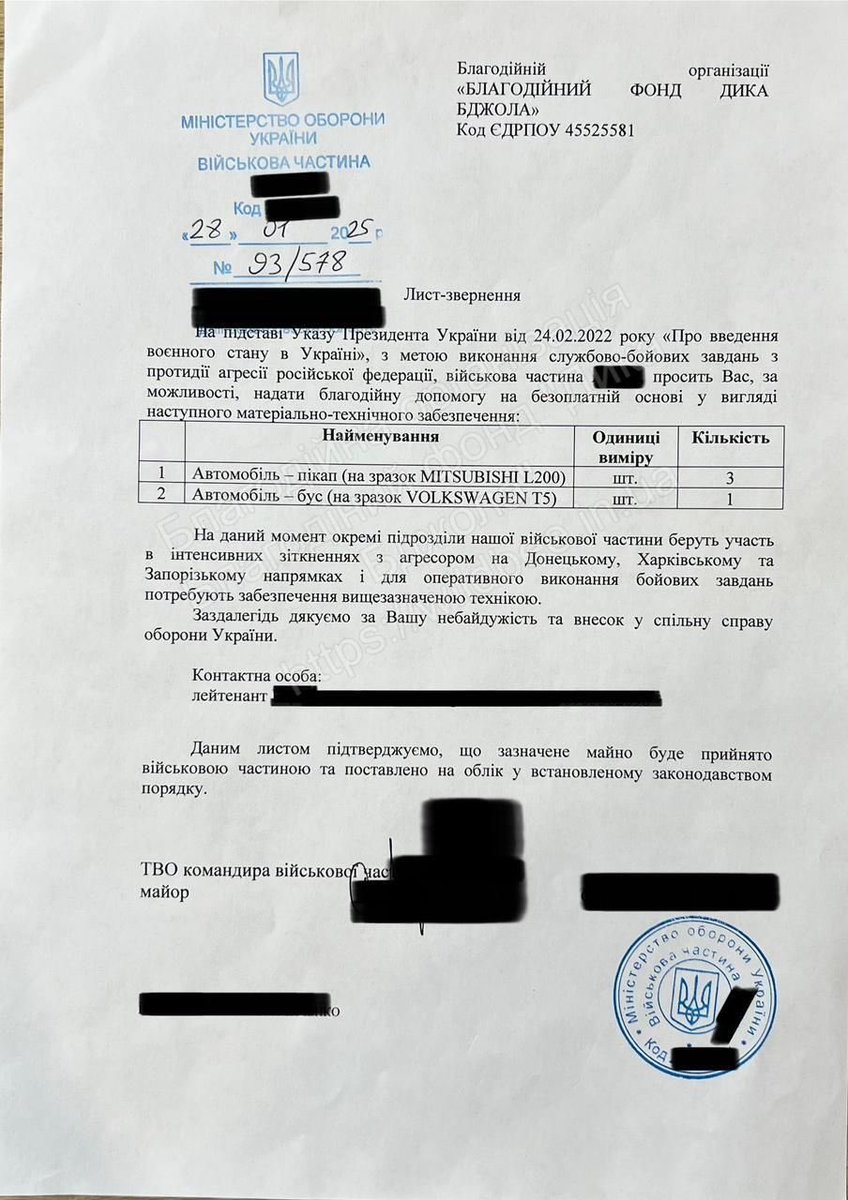 WildBeeOfficial's tweet image. Fundraising for pickup trucks and a van for the 14th UAS regiment
Collection of funds for Pickup trucks and a Van
🎯 1 050 000 UAH
🫙 235 951 UAH
🅿️🅿️: donate@wildbee.help
(In the appointment of the donation, indicate: to the 14th UAS regiment)