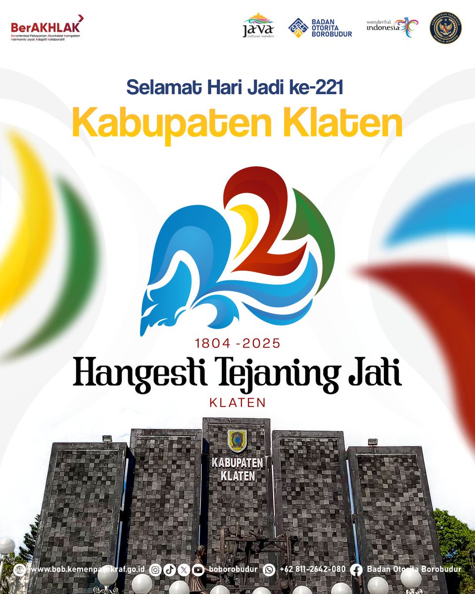 Sugeng Ambal Warsa, Klaten!

“Hangesti Tejaning Jati”, mari kita satukan semangat untuk terus menyalakan cahaya jati diri Klaten yang sejati: tumbuh dalam kemajuan teknologi dan ekonomi, namun tetap arif menjaga nilai sosial dan budaya yang luhur.

Semoga Klaten semakin maju,