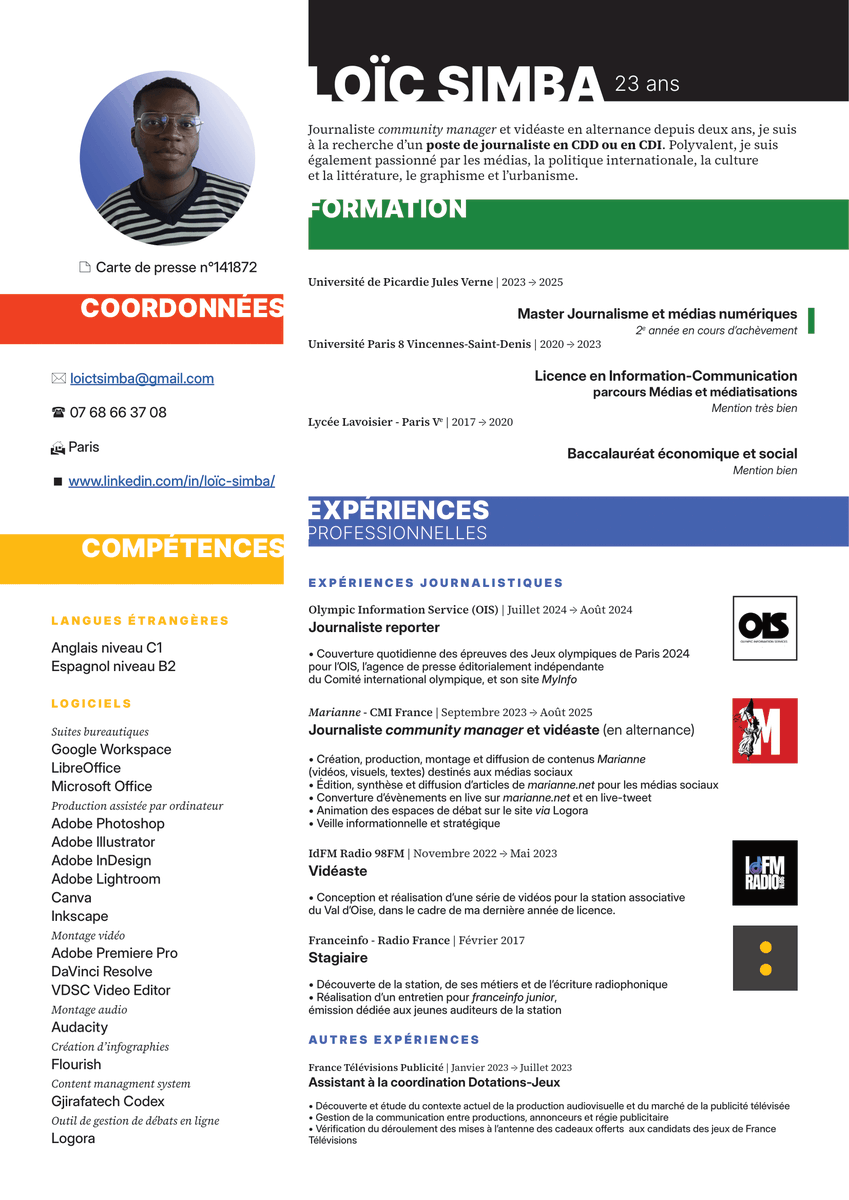 LoicTsmb's tweet image. Par ailleurs, je suis à la recherche d'un CDD/CDI dans une rédaction (partout en France) dès septembre !

📝 #Journalisme (rédaction, édition, vidéo, community management...)

Si je vous intéresse, contactez par DM ou par mail à loictsimba@gmail.com 😄

Mon CV ci-dessous ⬇️