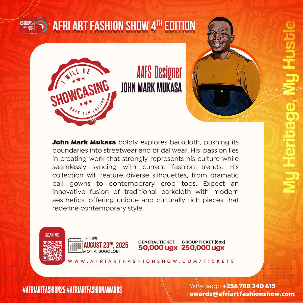 Afri Art Fashion Show 2025

DESIGNER_HIGHLIGHTS

<a href="/senkuluHOF/">John Mark Mukasa</a> boldly explores barkcloth, pushing its boundaries into streetwear and bridal wear. 

His  passion lies in creating work that strongly represents his culture while seamlessly syncing with current fashion trends. 
His