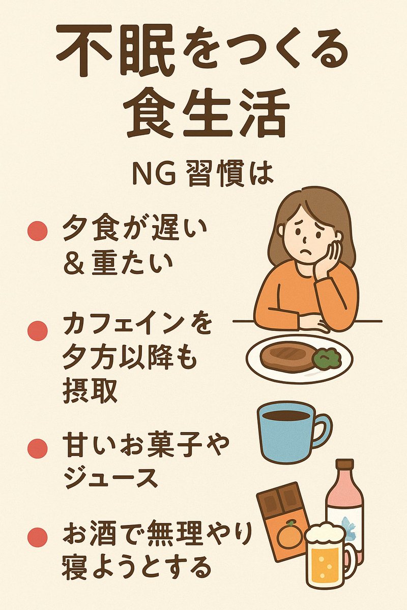 takuyasensei's tweet image. 【不眠をつくる食生活】
日中の食習慣で不眠になることがあるよ
NG習慣は
・夕食が遅い&重たい
・カフェインを夕方以降も摂取
・甘いお菓子やジュース
・キンキンに冷えた晩酌習慣
・お酒で無理やり寝ようとする
全部、睡眠の質を下げるよ
心当たりある人はやめてみてね。