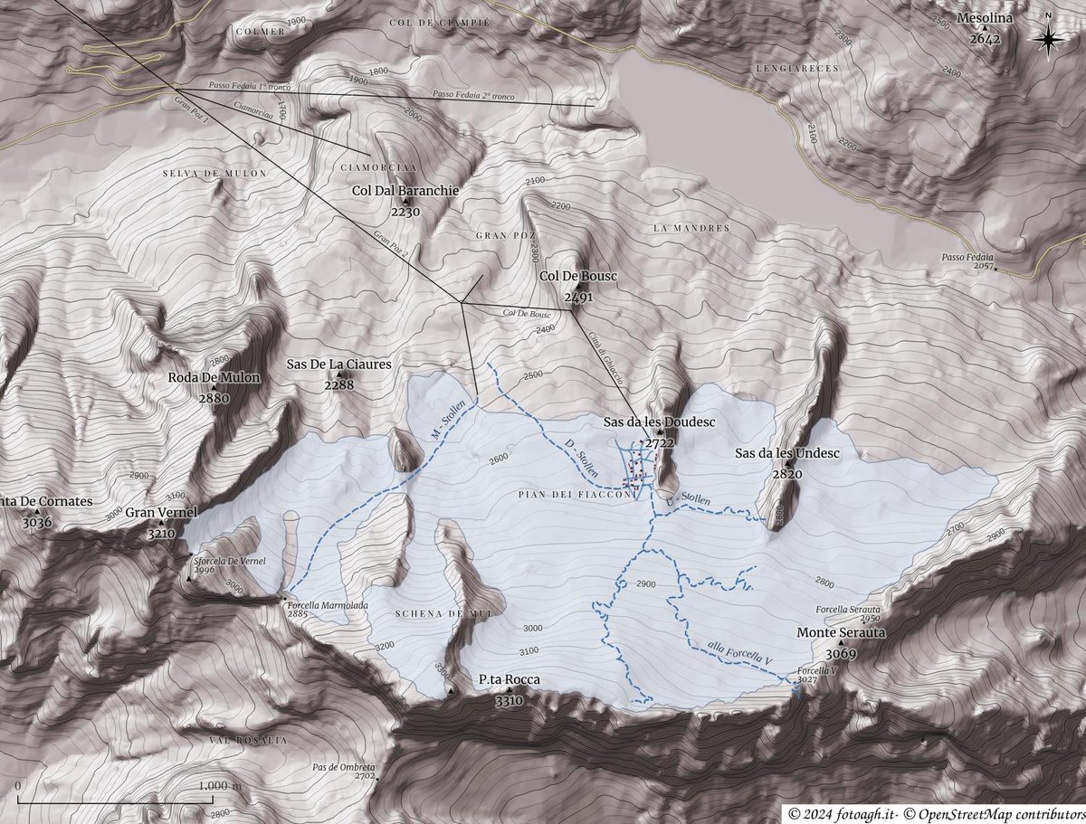 aghezzer's tweet image. Grande Guerra:  #Marmolada, la &quot;Città di Ghiaccio&quot; nel cerchio rosso, in azzurro le gallerie scavate nel ghiacciaio che raggiungevano i crinali a oltre 3000 metri
#ww1 #grandeguerra