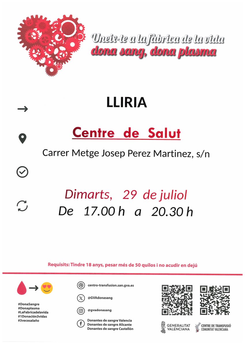 Ajuntament de Llíria (@aytolliria) on Twitter photo 🩸 Demà dimarts, 29 de juliol, podràs donar sang al Centre de Salut de Llíria. L'horari serà de 17.00 a 20.30 hores.
<a href="/GVAdonasang/">GVA Dona Sang</a>
#donasang #FesteDonanter #LaFàbricaDeLaVida 🩸 Demà dimarts, 29 de juliol, podràs donar sang al Centre de Salut de Llíria. L'horari serà de 17.00 a 20.30 hores.
<a href="/GVAdonasang/">GVA Dona Sang</a>
#donasang #FesteDonanter #LaFàbricaDeLaVida