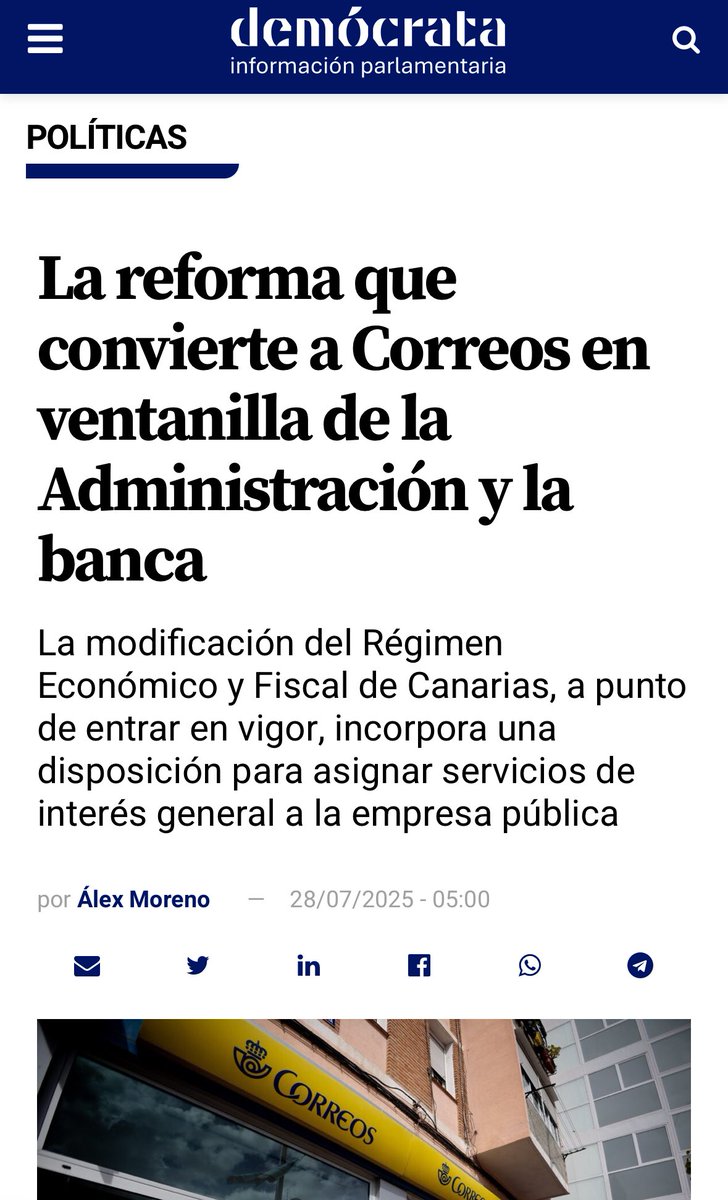 La reforma de Correos: más una ventanilla de la Administración que banca.

En Sumar reivindicamos una banca pública, y Correos —junto al ICO— es el instrumento por su presencia en toda España.

Créditos blandos y recuperación de la atención presencial.👇
🔗democrata.es/politicas/refo…