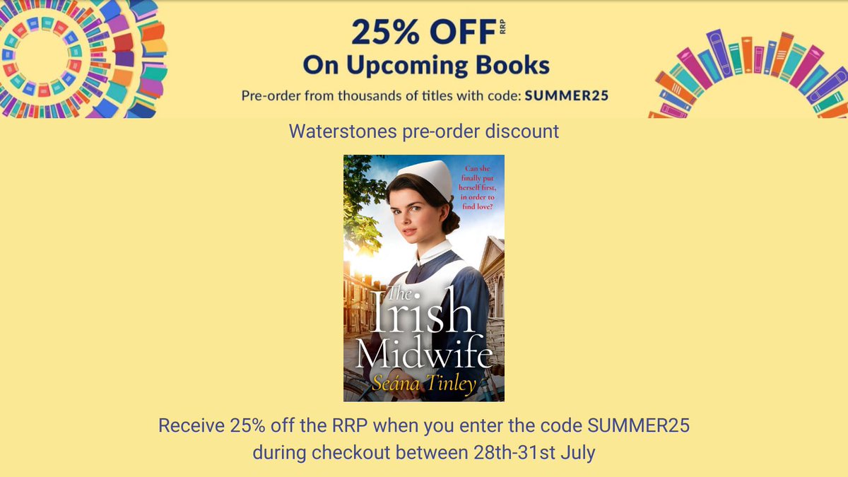Catherine Tinley (@catherinetinley) on Twitter photo I’m early for <a href="/RNAtweets/">Romantic Novelists' Association</a> #TuesNews, but this can’t wait!
𝐓𝐡𝐞 𝐈𝐫𝐢𝐬𝐡 𝐌𝐢𝐝𝐰𝐢𝐟𝐞 is included in this Waterstones pre-order promotion!
25% off if you pre-order online by 31 July.
Just add the code SUMMER25 at the checkout.
(Link in next tweet)
Happy Summer! I’m early for <a href="/RNAtweets/">Romantic Novelists' Association</a> #TuesNews, but this can’t wait!
𝐓𝐡𝐞 𝐈𝐫𝐢𝐬𝐡 𝐌𝐢𝐝𝐰𝐢𝐟𝐞 is included in this Waterstones pre-order promotion!
25% off if you pre-order online by 31 July.
Just add the code SUMMER25 at the checkout.
(Link in next tweet)
Happy Summer!