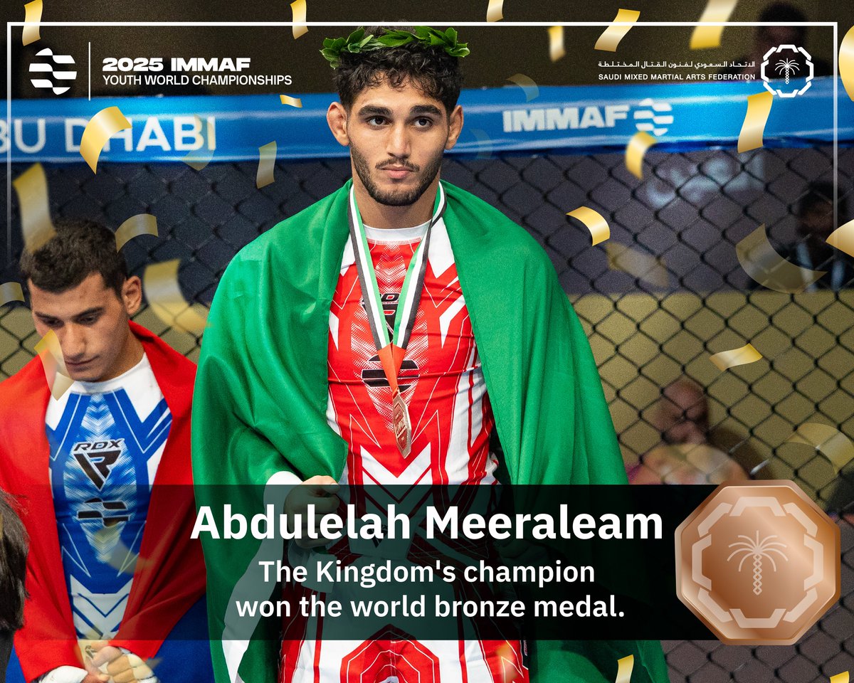 smmafksa's tweet photo. برونزية ترفع الراس ! 🥉🇸🇦

رئيس مجلس الإدارة أ. رشا الخميس تتوج البطل عبدالإله مير عالم بالميدالية البرونزية لوزن ٧٠ كجم في بطولة العالم للفنون القتالية المختلطة للناشئين – #العين٢٠٢٥

💥 أداء مشرّف، روح قتالية عالية، وإصرار يثبت إن أبطالنا على الطريق الصحيح نحو المجد.

فخورين فيك يا عبدالإله.. ورايتك دايمًا مرفوعة 🇸🇦🔥

#منتخب_السعودية #فنون_القتال_المختلطة #IMMAF2025
#برونزية_الوطن #أبطال_المستقبل