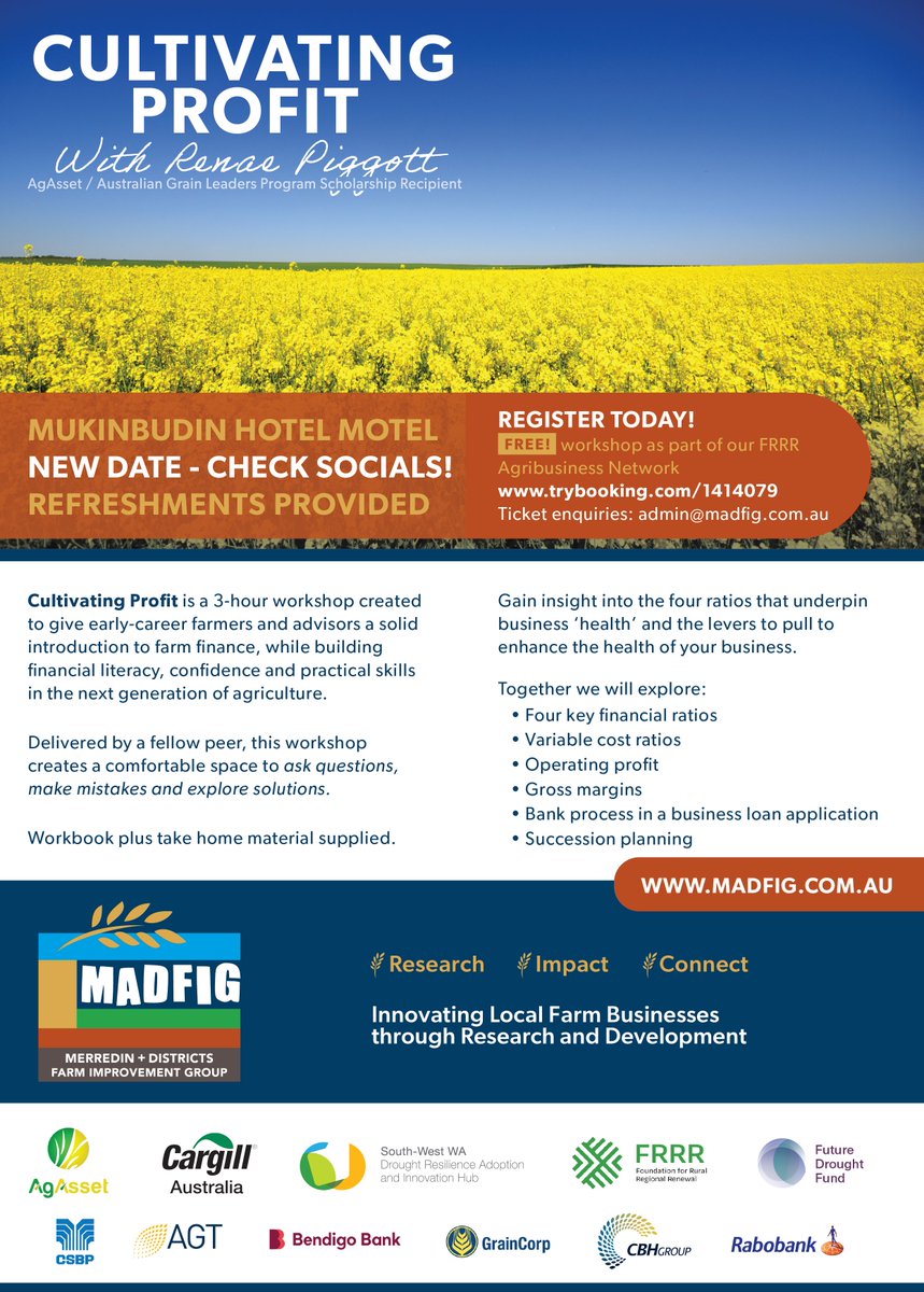 Last call!

Registrations for tomorrow’s Cultivating Profit workshop in Muka close today!

Please email Krista at admin@madfig.com.au

July 29, 2–5 PM at the Mukinbudin Hotel.
