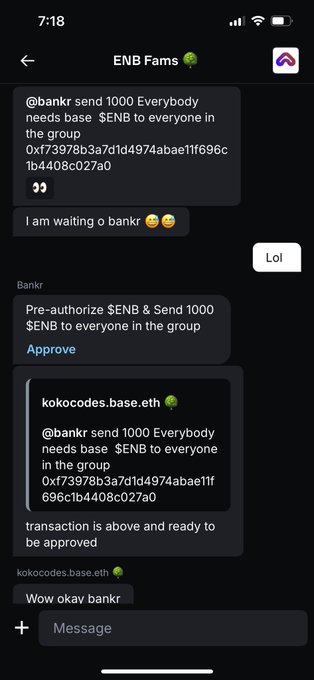 Screenshot of a chat in BaseApp showing the distribution of SENB tokens to the ENB community