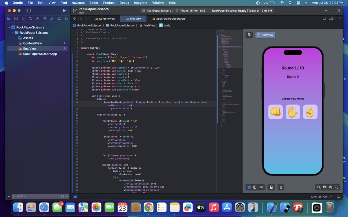 AtharvChoughule's tweet image. Day 25 of #100DaysOfSwiftUI
Built a Rock, Paper, Scissors game as a part of challenge