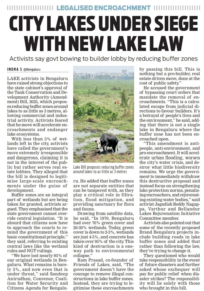 indra_1120's tweet image. Lake activists slam state govt’s move to cut lake buffer zones to 3m, calling it dangerous, pro-builder, and a threat to Bengaluru’s fragile wetlands, now down to just 5%.
@XpressBengaluru