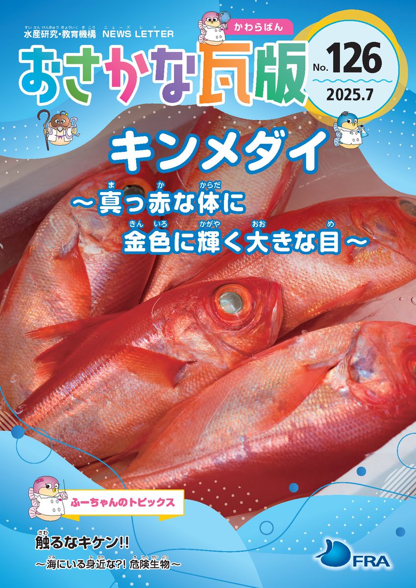 fra_go_jp's tweet image. 【広報誌】おさかな瓦版126号を発行しました。 2025年7月発行「キンメダイ」
読者アンケートを実施しておりますのでご協力をお願いいたします。
fra.go.jp/home/kenkyusho… #水産研究・教育機構 #FRA #おさかな瓦版 #FRA_広報誌 #キンメダイ
