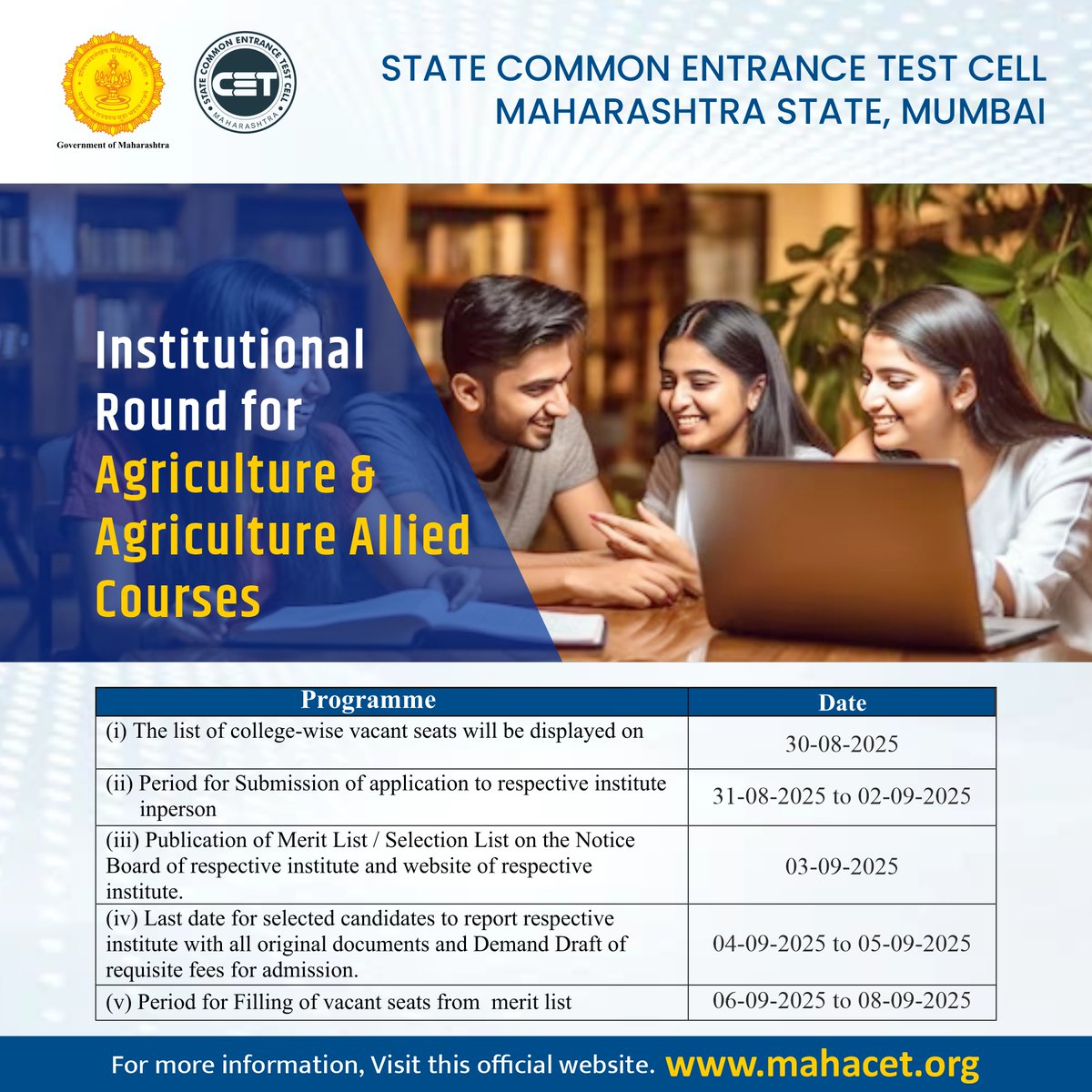The State Common Entrance Test Cell, Maharashtra, Institutional Round for Agriculture &amp; Agriculture Allied Courses.
#MAHACET2025 #InstitutionalRound #AgriAdmissions #BScAgriculture #FutureFarmers #FinalChance #MaharashtraEducation #CAPRound #AgriAlliedCourses #StudentAdmissions
