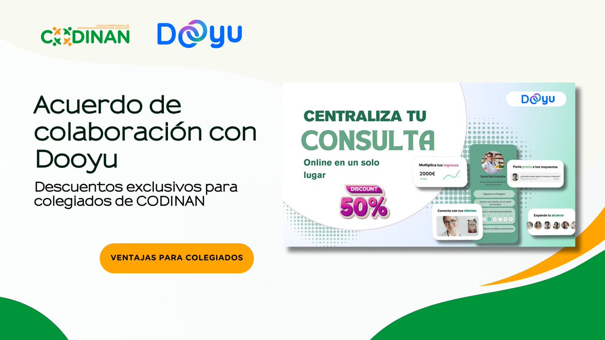 ¡Nueva colaboración! 🤝

💻 📱 Hemos llegado a un acuerdo con <a href="/DooyuApp/">Dooyu</a>, la plataforma todo-en-uno para la gestión de consultas, para que nuestros colegiados pueden beneficiarse de descuentos en la contratación de sus servicios.

ℹ️ Infórmate: codinan.org/acuerdo-de-col…
